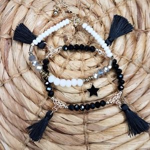 Set 2 tassel bead bracelets charm black white gray